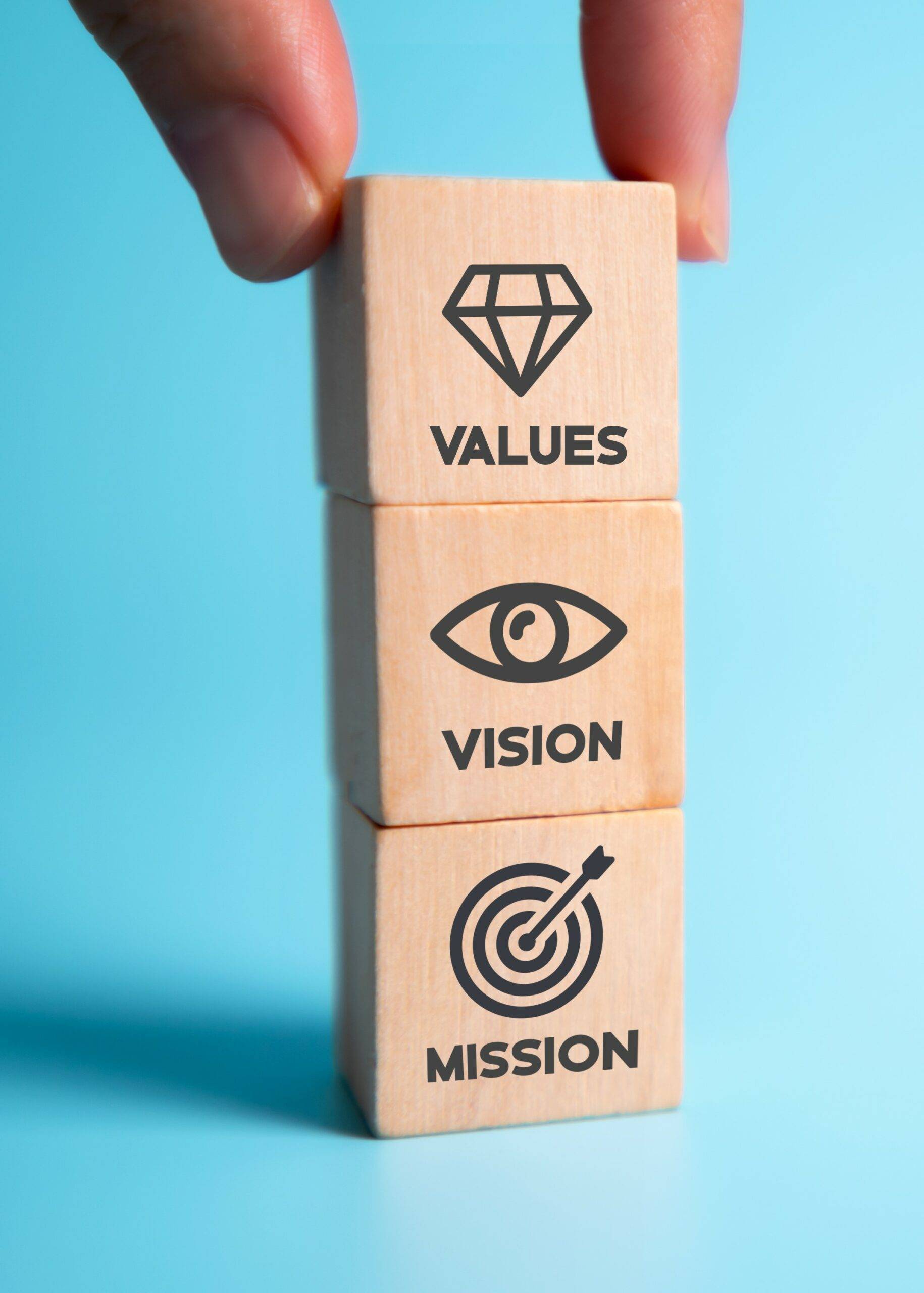 Three small wooden blocks on top of each other with 'Values, Vision and Mission' engraved in them